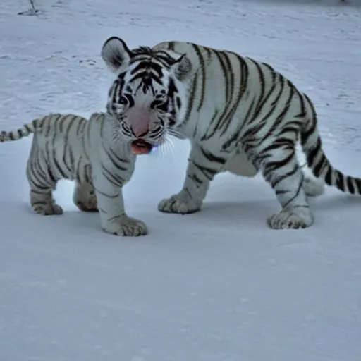 Premium Photo  Cute white baby tiger playing in winter snow generative ai