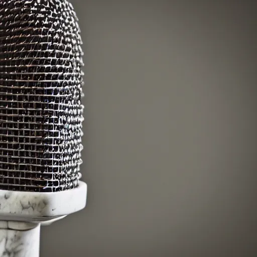 Prompt: an ancient sculpture of a microphone in white marble, close up photo, museum, ultra realistic, studio photo, bokeh, detailed.