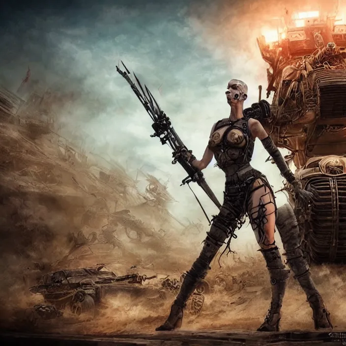 Image similar to beautiful apocalyptic woman with Mohawk, standing on mad max panzer tank, hyper-detailed, smooth, sharp focus, 4k ultra hd, fantasy dark art, tank girl, artgerm, artstation, octane render, elegant, detailed digital painting, apocalyptic art