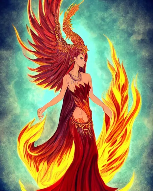 Image similar to character design, fiery phoenix rising goddess beautiful, half fire half ice on body, magic wood background, cinematic, detailed, ornate, intricate detail