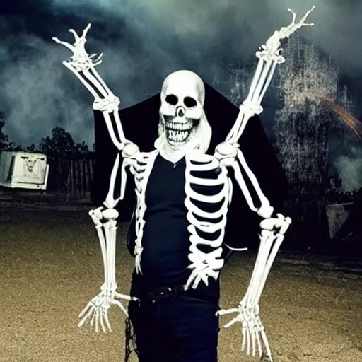 Image similar to jeremy clarkson as a skeleton dressed as a heavy metal band member