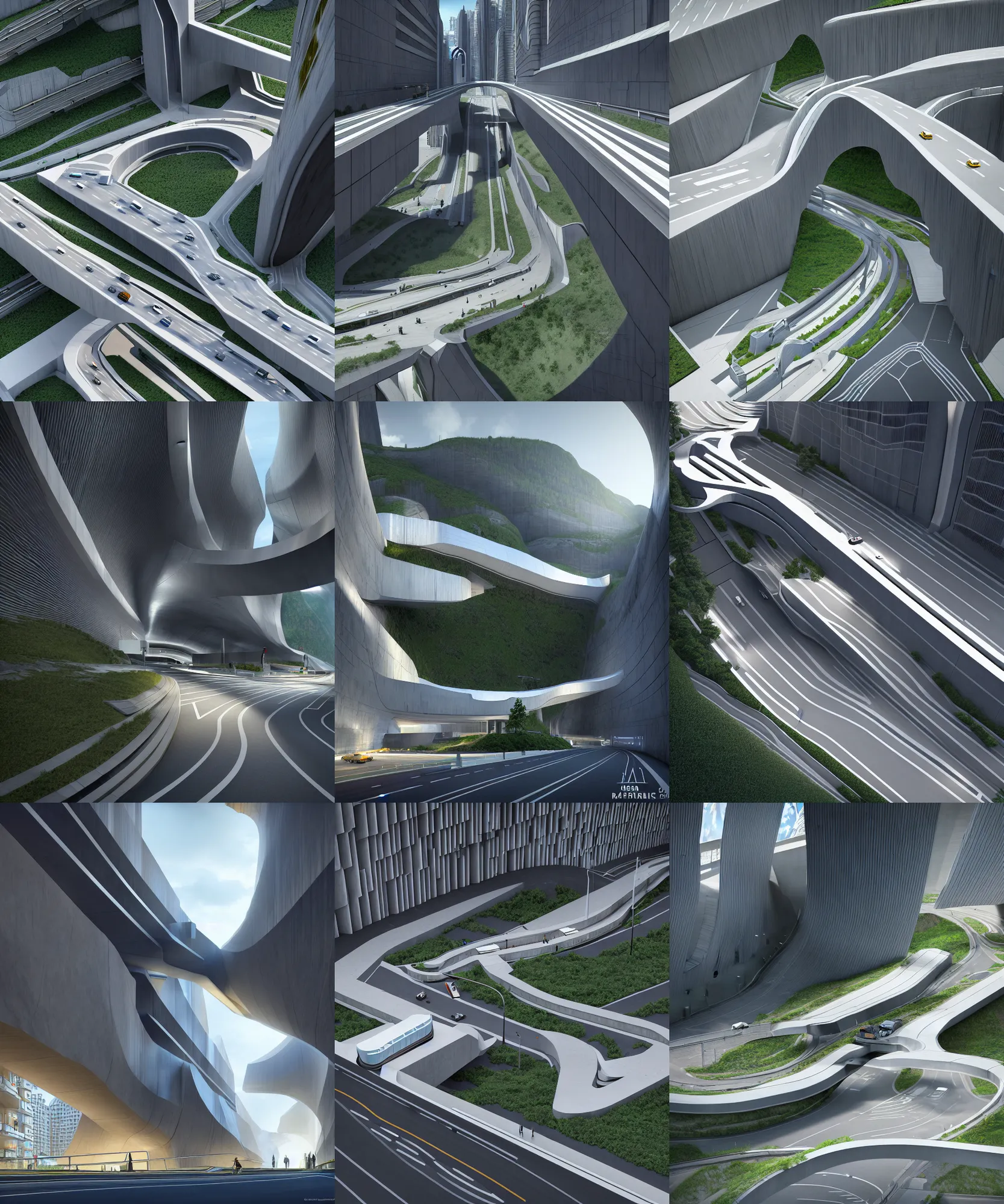 Prompt: ralph mcquarrie establishing shot of modern bjarke ingels condo building and gotthard tunnel entrance combined, roads tunnel under bjarke ingels condo building, lush scenery, scifi artstation digital concept art, unreal engine, hyper realism, realistic shading, cinematic composition, blender render, octane render, wide shot