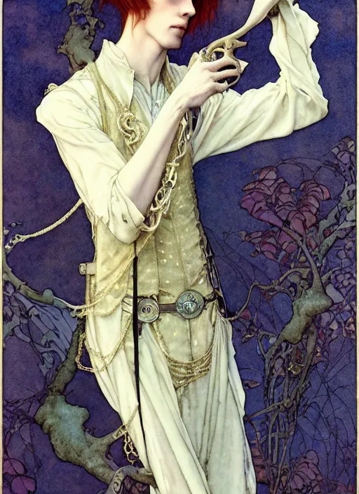 Image similar to edmund dulac, leyendecker, highly detailed portrait, a beautiful androgynous sebastian michaelis, long hair, tall and thin, wearing several pendants, art nouveau, stephen bliss, unreal engine, by greg rutkowski, loish, ferdinand knab, ilya kuvshinov, rossdraws, tom bagshaw, alphonse mucha, global illumination, radiant light