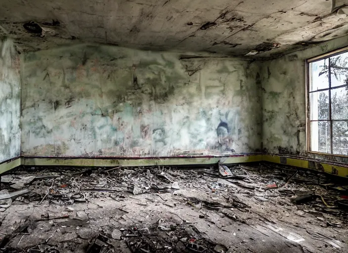 Prompt: Abandoned Soviet classroom in Pripyat with fading propaganda murals by Robby MUller