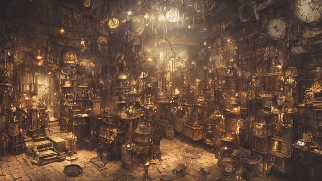 Image similar to A highly detailed image of a steampunk store, by Danar Worya, by Greg Rutkowski, by artgerm, by beeple, volumetric lighting, 4k resolution, octane render, trending on artstation