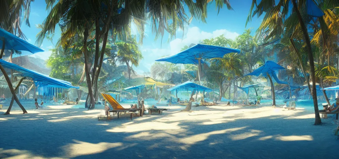 Image similar to view of a utopian solarpunk beach resort, blue clear skies, waves, caustics, dappled light, cinematic lighting, ultra detailed, sharp, ambient occlusion, raytracing, 3 d artstation render by greg rutowski, finnian macmanus and jessica rossier