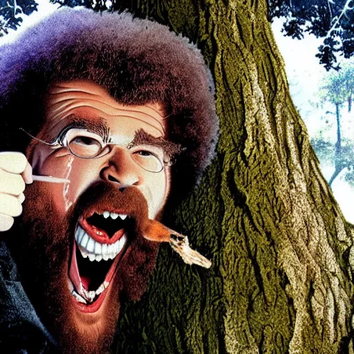 Prompt: bob ross screaming stuck in a tree