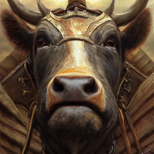 Image similar to cow warrior as a realistic fantasy knight, closeup portrait art by donato giancola and greg rutkowski, realistic face, digital art, trending on artstation, symmetry!!