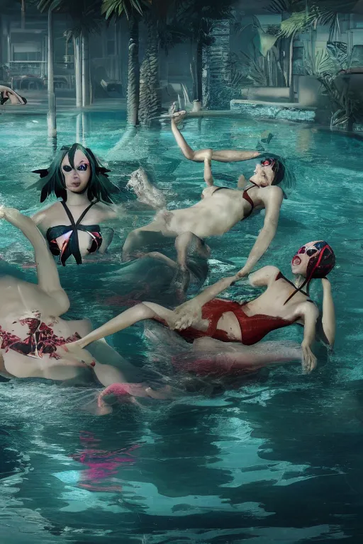 Image similar to summer swimming party, dark fantasy, body horror, cyberpunk, octane render