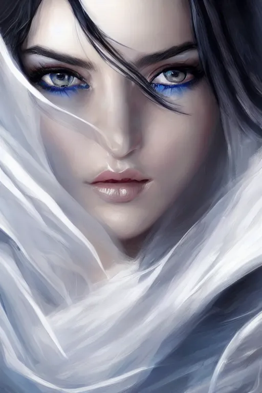 Prompt: Ameera al-Taweel, blue eyes, long wavy black hair, fierce look, white veil, closeup, focus face, elegant, highly detailed, centered, digital painting, artstation, concept art, art by artgerm