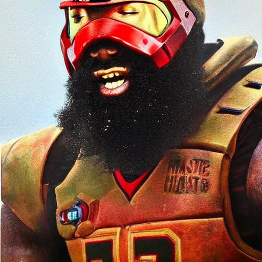 Prompt: ultra realistic portrait painting of james harden as master chief, art by frank frazetta, 4 k, ultra realistic, highly detailed, epic lighting