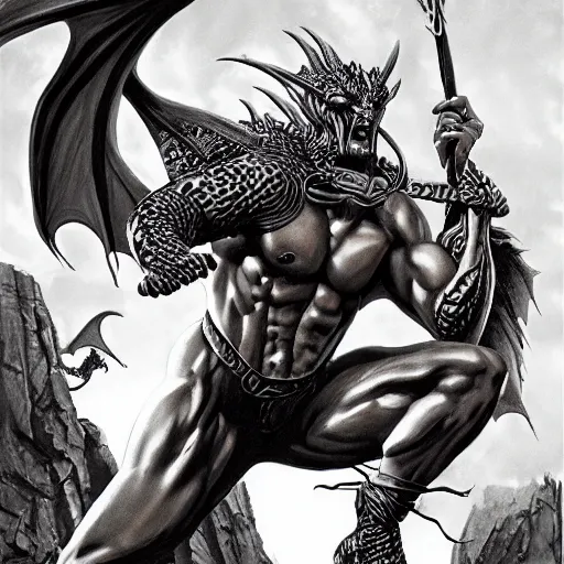 Prompt: dragon man with bronze skin, rpg artwork, fantasy setting, alex ross