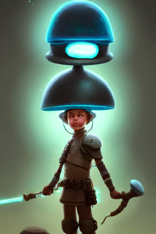 Image similar to super cute Bioluminescent boy warrior with a mushroom helmet character concept, soft light, soft mood, realistic body features and face, illustration, painting oil on canvas by Elena Zhurikhina and Goro Fujita and Charlie Bowater, octane render trending on artstation, 4k, 8k, HD