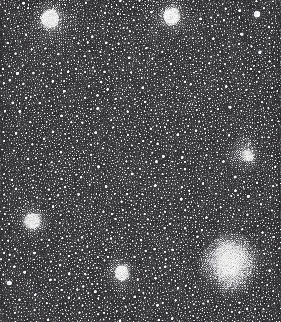 Prompt: a beautiful painting of the universe drawn in a pattern small circles, galaxies, pointilism, rough charcoal sketch, black dots