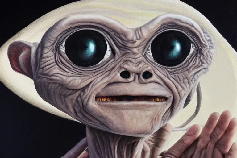 Image similar to e. t. the extra - terrestrial portrait in oil on black velvet, in frame, 4 k, hyper - realistic