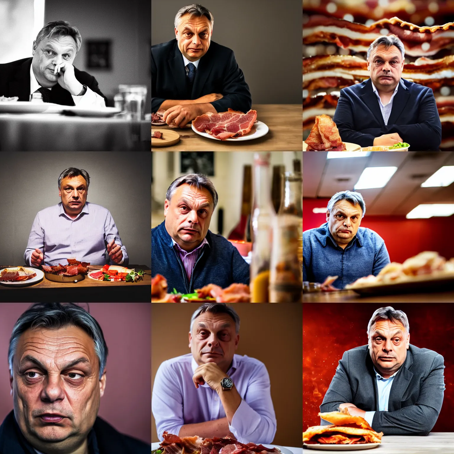 Prompt: low angle close - up of haunting viktor orban sitting behind a table full of bacon, bokeh, studio lighting