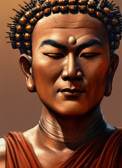 Image similar to smart tai buddhist monk, closeup portrait, without beard and mustache, historical hero, ethnic group, tai costume, tai traditional bronze headdress, intricate, with leather armor cross on bare chest, elegant, loin cloth, highly detailed, oil painting, artstation, concept art, matte, sharp focus, illustration, hearthstone, art by earl norem