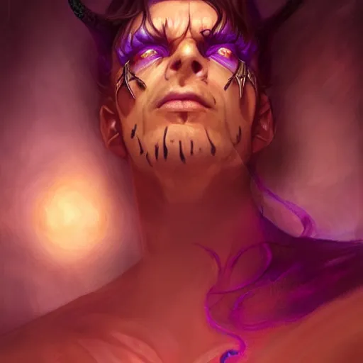 Prompt: male djinn an demon on the verge of death, warlock, portrait, concept art, purple cloak, single face, illustration, white spiral horns, realism, hyperrealism, trending on artstation, Charlie Bowater, WLOP