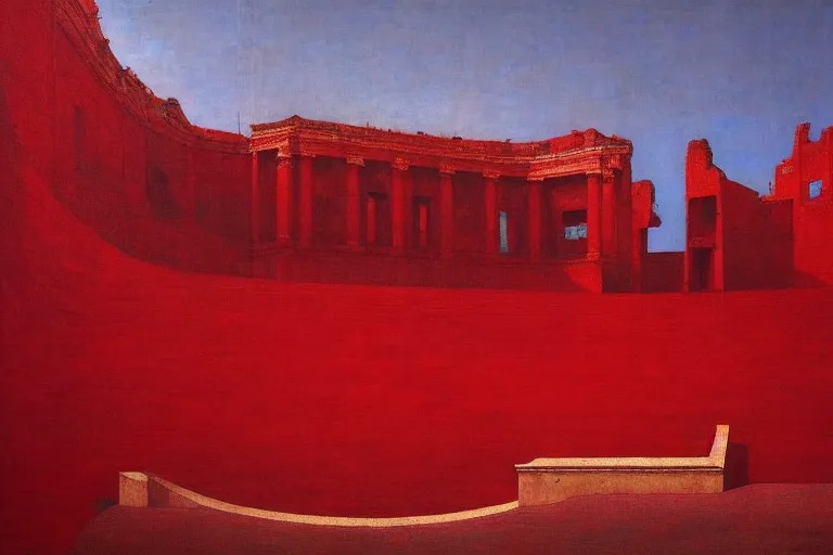 Image similar to only with red, a red melted emperor, taormina amphitheatre, crowd hails him, in the style of beksinski, parts by edward hopper, parts by rodcenko, parts by yue minjun, intricate and epic composition, red by caravaggio, insanely quality, highly detailed, masterpiece, red light, artstation, 4 k