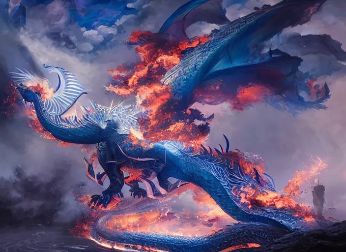 Prompt: luxurious white viking dragon destroying the kyoto district during sakura season with intense destructive royal blue fire, by greg rutkowski, james jean, peter mohrbacher, rule of thirds, sigma look, beautiful, intricate, majestic, award winning