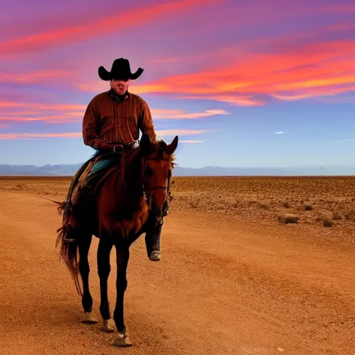 Prompt: m0istcritikal, but he's a cowboy, riding a horse through the desert, sunset, road, western, town