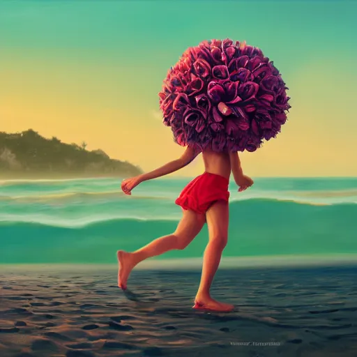 Image similar to portrait, giant rose flower head, girl running at the beach, surreal photography, sunrise, blue sky, dramatic light, impressionist painting, digital painting, artstation, simon stalenhag