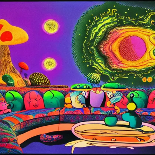 Image similar to psychedelic trippy couch in the lush forest, planets, flowers, mushrooms milky way, sofa, cartoon by carl barks and eric carle