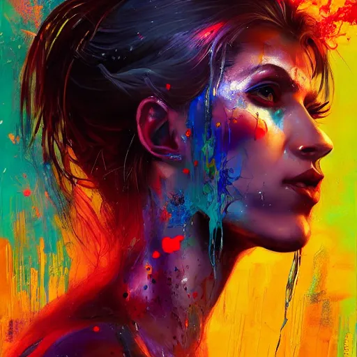 Prompt: a cyberpunk goddess, side portrait, striking, defiant, spotlight, paint drips, paint splatter, vibrant colors, 1 9 years old, beautiful eyes, by marco paludet and gianni strino and marion bolognesi - n 4