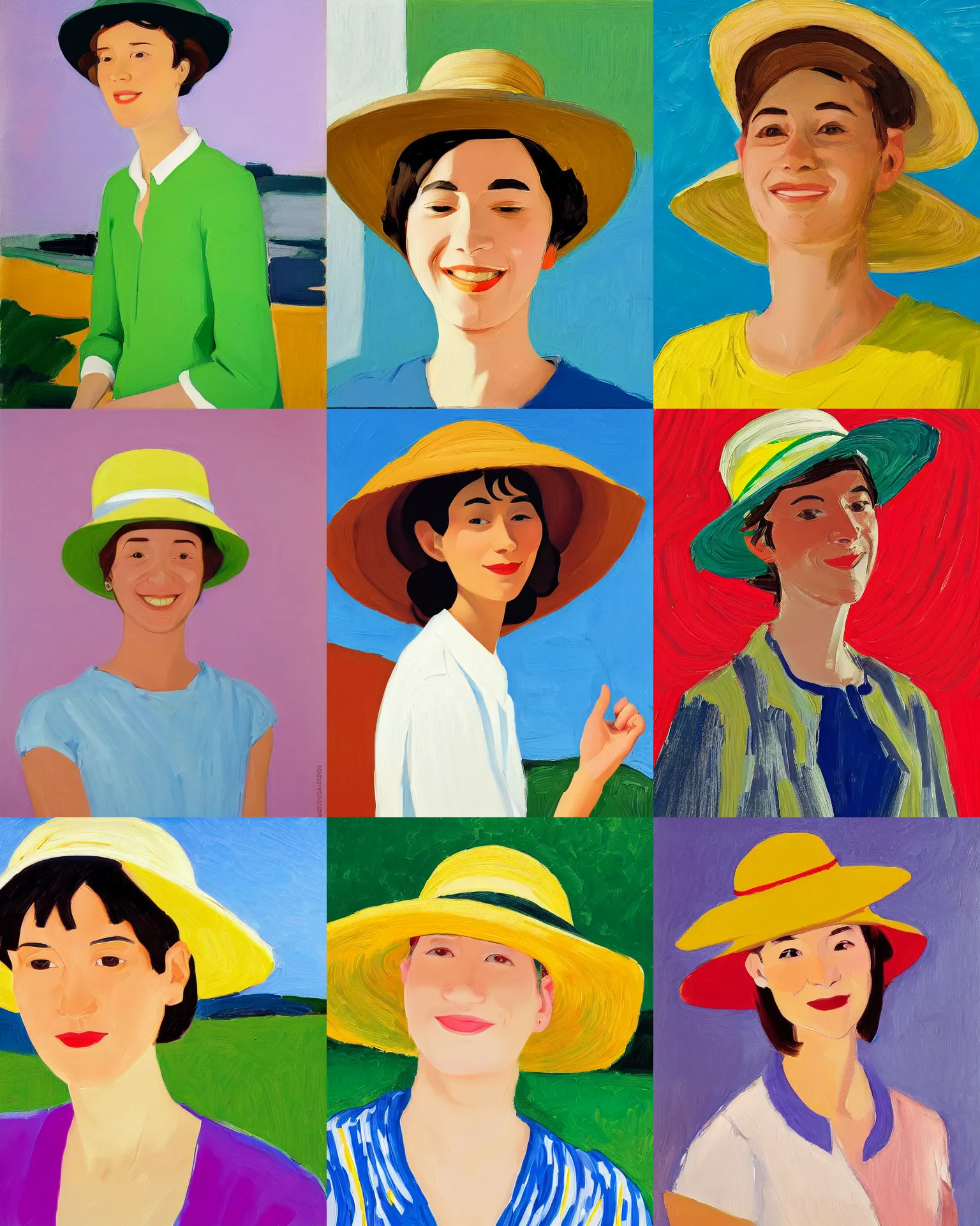 Prompt: portrait of a smiling young woman with sun hat, short hair, light background, colorful, peaceful, by alex katz, close up