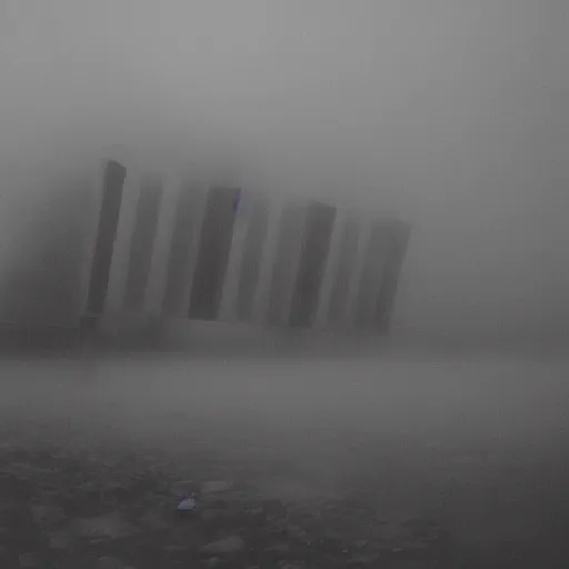 Image similar to giant tentacles coming out of fog, grasping giant brutalist buildings