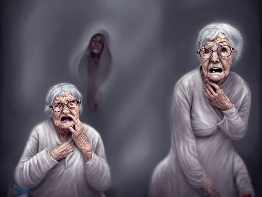 Prompt: an old lady describing loneliness and anxiety as ghosts come out of her mouth, digital painting, highly detailed, 4 k, art by miguel alandia pantoja