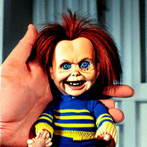 Prompt: Chucky the killer doll being held by Mr. Rogers