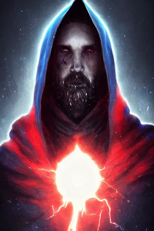 Image similar to A full body portrait of a mysterious dark sorcerer, with a long grey beard, a very long crimson red and midnight blue hooded cloak with blue fire coming off it, lightning in the sky art by Maciej Kuciara and Jason Chan, ominous, cosmic horror, trending on artstation, Ultra detailed, hyper realistic 4k