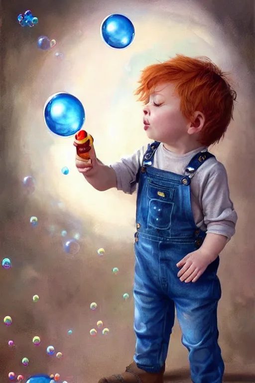 Prompt: a little boy with ginger hair wearing denim overalls chasing bubbles. clean elegant painting, beautiful detailed face, lots of bubbles. by artgerm and greg rutkowski