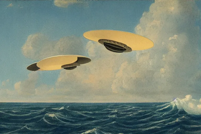 Image similar to two flying saucers battling over the ocean. art by george philip reinagle.