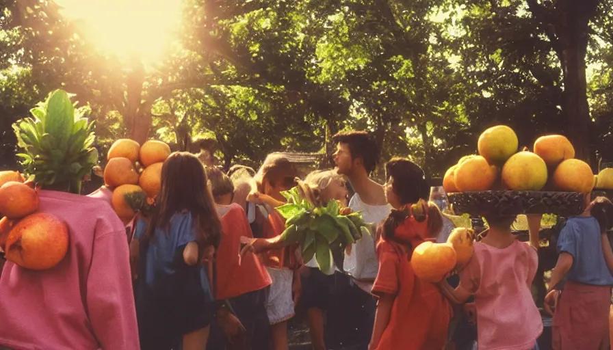 Prompt: 1990s candid photo of a beautiful day at the park, cinematic lighting, cinematic look, golden hour, large personified fruit people, Enormous fruit people with friendly faces and hands, kids talking to fruit people, did I mention the fruit people enough? UHD