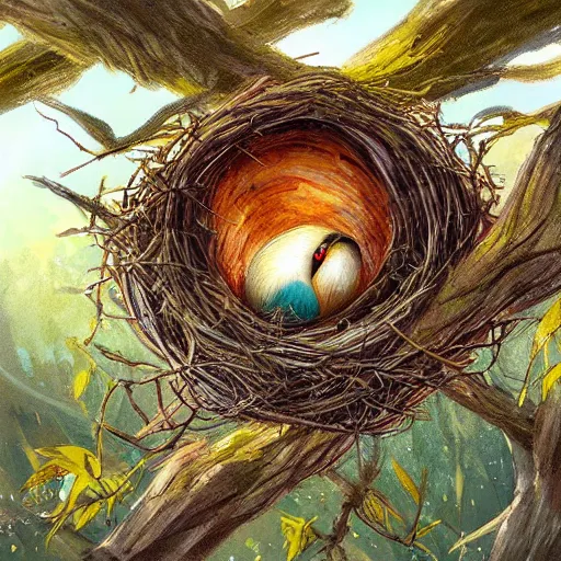 Image similar to bird nest in a tree, concept art, illustrated, highly detailed, high quality, bright colors, optimistic,