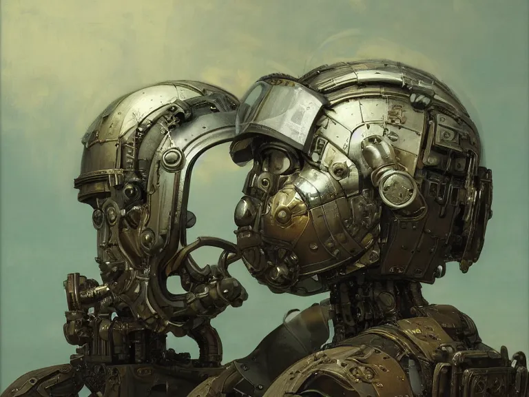 Image similar to a detailed profile oil painting of a dieselpunk humanoid robot with reflective visor, flight suit, portrait symmetrical and science fiction dieselpunk theme with aurora lighting by beksinski carl spitzweg and tuomas korpi. baroque elements, full-length view. baroque element. intricate artwork by caravaggio. Trending on artstation. 8k