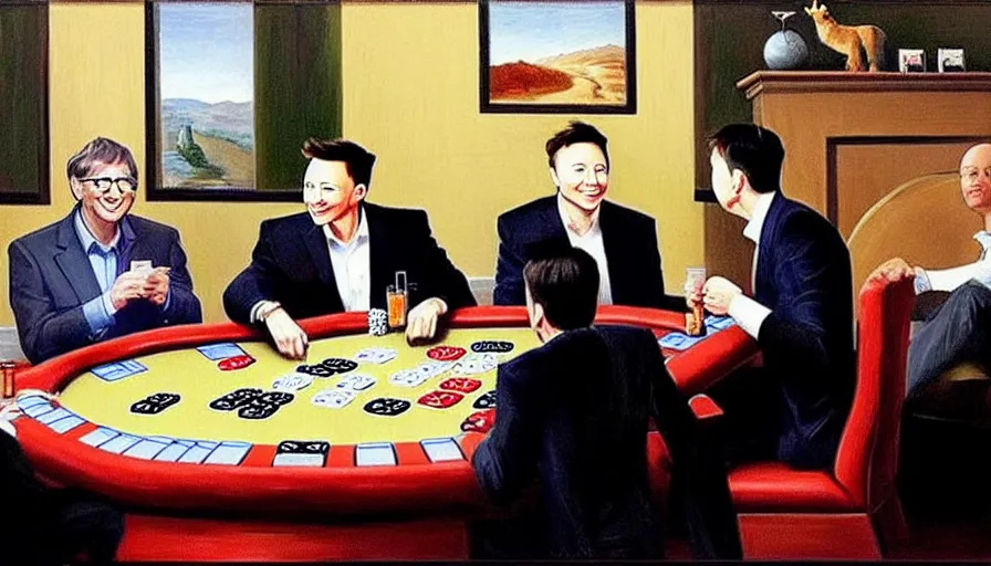 Prompt: Bill Gates and Jeff Bezos playing Poker with Elon Musk and Shiba Inu. Artwork, classic, famous, style of Cassius Marcellus Coolidge.