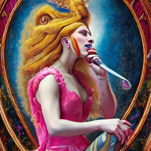 Image similar to lady gaga artpop act ii album, intricate detail, hyper detail, gaston bussiere, sandro botticelli style, with neon aqua rapunzel dreadlocks, detailed, masterpiece, sharp focus,