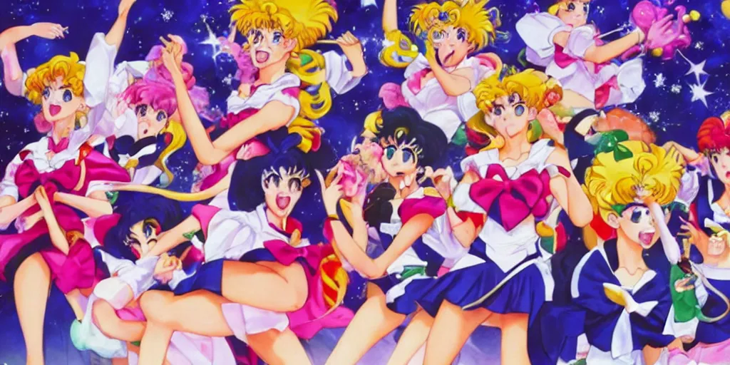 Prompt: sailor moon food fight in cafeteria, detailed facial expression, surrealism aesthetic