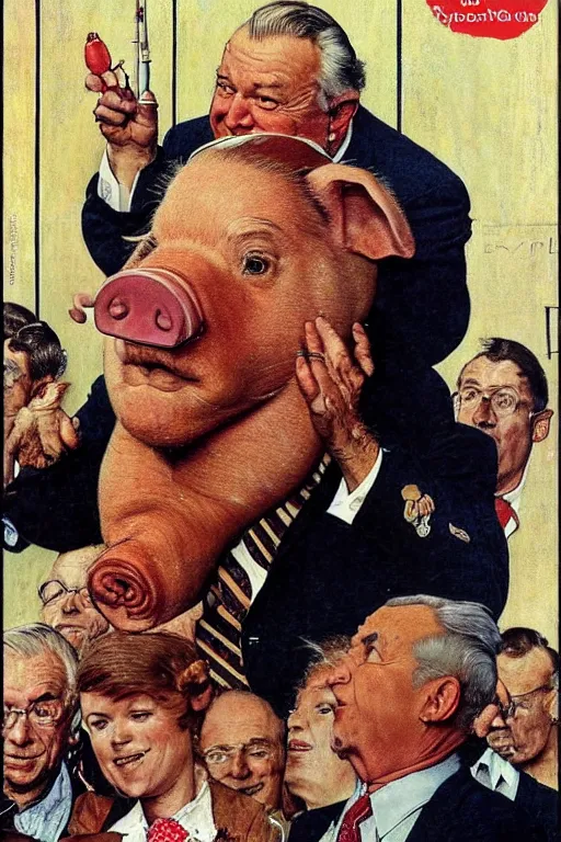 Prompt: Jean Marie Lepen looks like a pig by Norman Rockwell