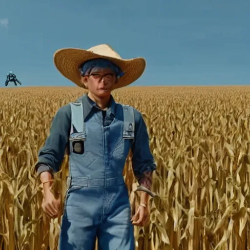 Prompt: a film still of transformers robots wearing a straw hat blue overalls in the corn field, chappie, farming, photorealistic, 8 k