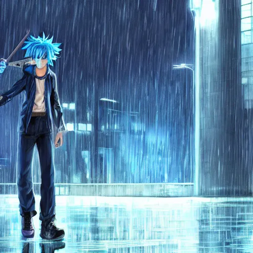 Image similar to a blue haired boy standing in the rain. character design. gesture drawing. line of action. official art, concept art. tetsuya nomura. final fantasy. shigenori soejima ray tracing hdr. 8 k. uhd. sharp focus. close up. highly detailed. masterpiece. cinematic lighting..
