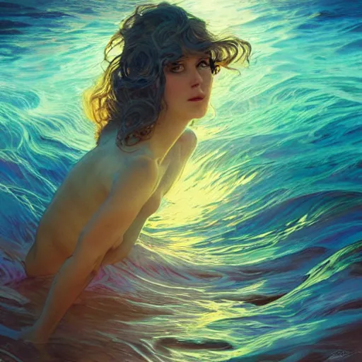 Prompt: fantastically psychedelic ocean wave, trippy water, ripples, backlit, sunset, refracted lighting, outdoors, elegant, highly detailed, lifelike, photorealistic, digital painting, artstation, illustration, smooth, sharp focus, albert aublet, krenz cushart, artem demura alphonse mucha