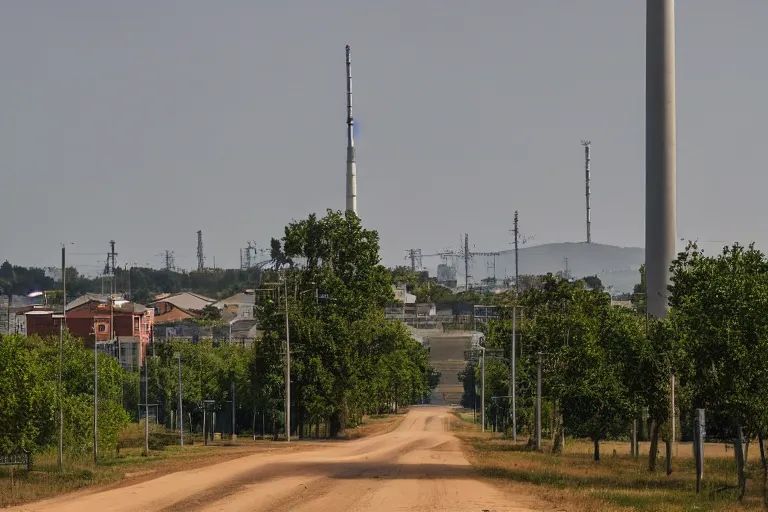 Image similar to a centered road next to warehouses, and a tree hill background with a radio tower on top, 3 0 0 mm telephoto lens