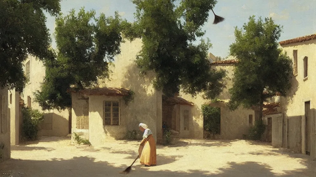 Image similar to a beautiful extremely complex painting of a street in a mediterranean village in summer by peter ilsted, whitewashed housed, tall cypress trees, blue shutters on windows, elderly woman sweeping the ground with a broom, national gallery of art highlights