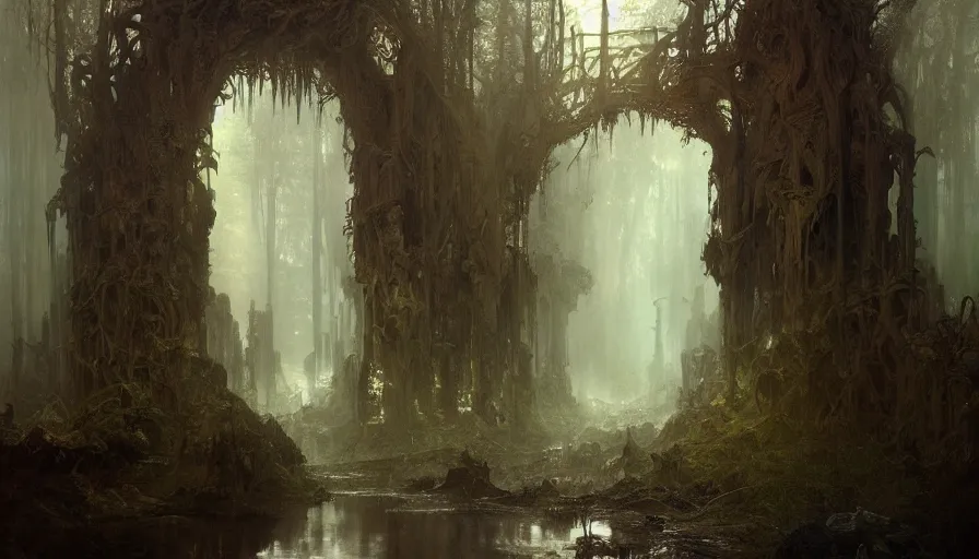 Image similar to a beautiful intricate painting of a gateway to hell in a dark evil fantasy forest, reflections, very high details by william turner art, greg rutkowski and alphonse mucha, trending on artstation, very very detailed, masterpiece,