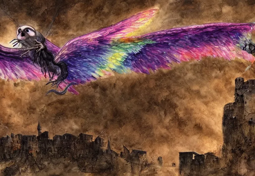 Image similar to legendary rainbow winged possum flying over a medieval castle at night under the dark starred sky, dark fantasy, watercolor, dreaming illusion, highly detailed, 4k, trending on Artstation