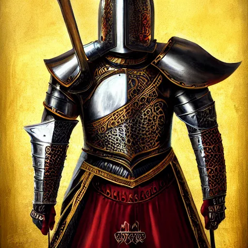 Prompt: Extremely high detail photo of a knight with black harnass, golden details revealing his face, human face with bright red yes, full body, long sword, battle scars, great red feather, kingdom, high detail painting, digital art, Trending on Artstation